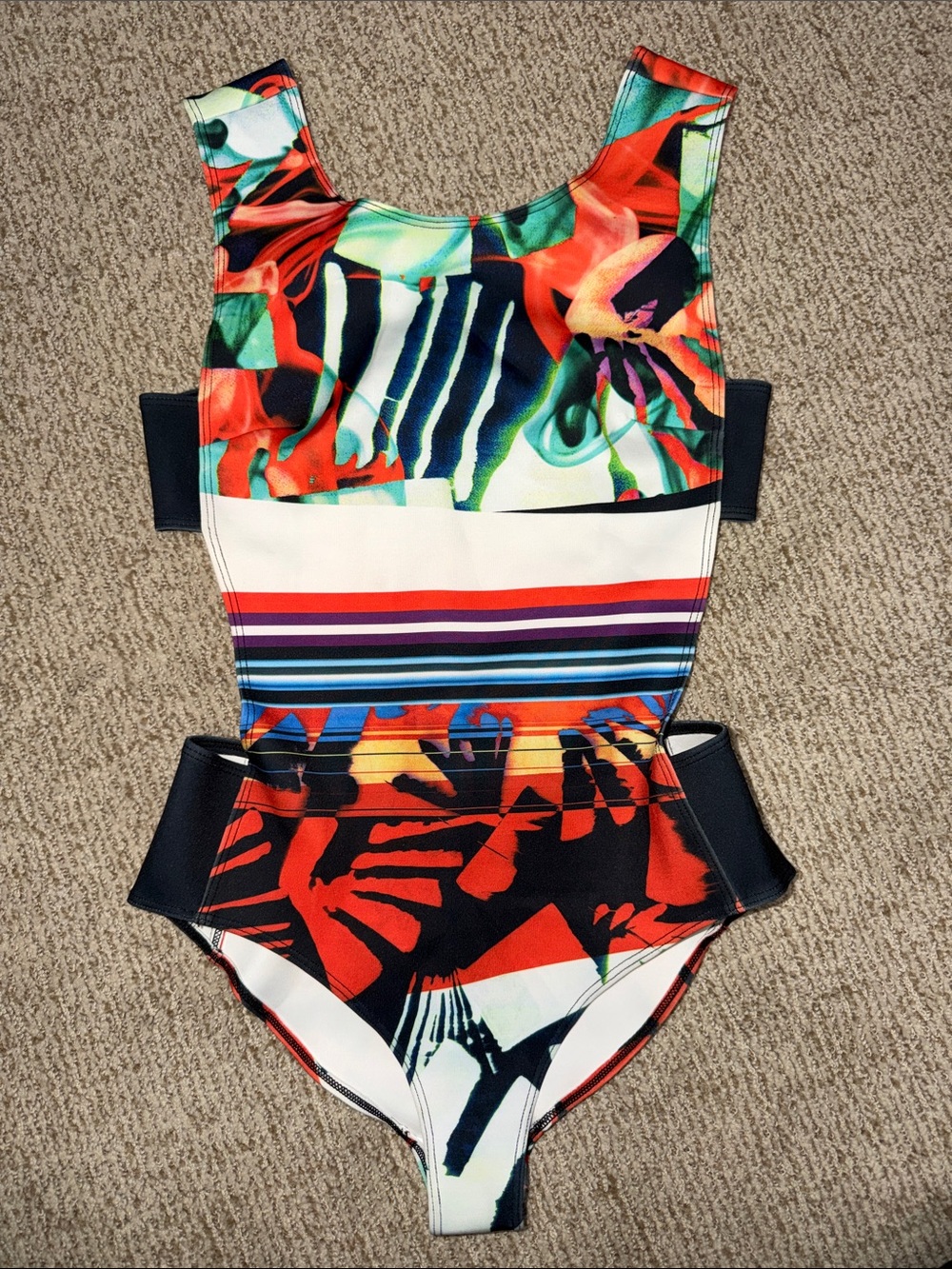 clover canyon cutout bathing suit one piece sw scuba printed red black open side